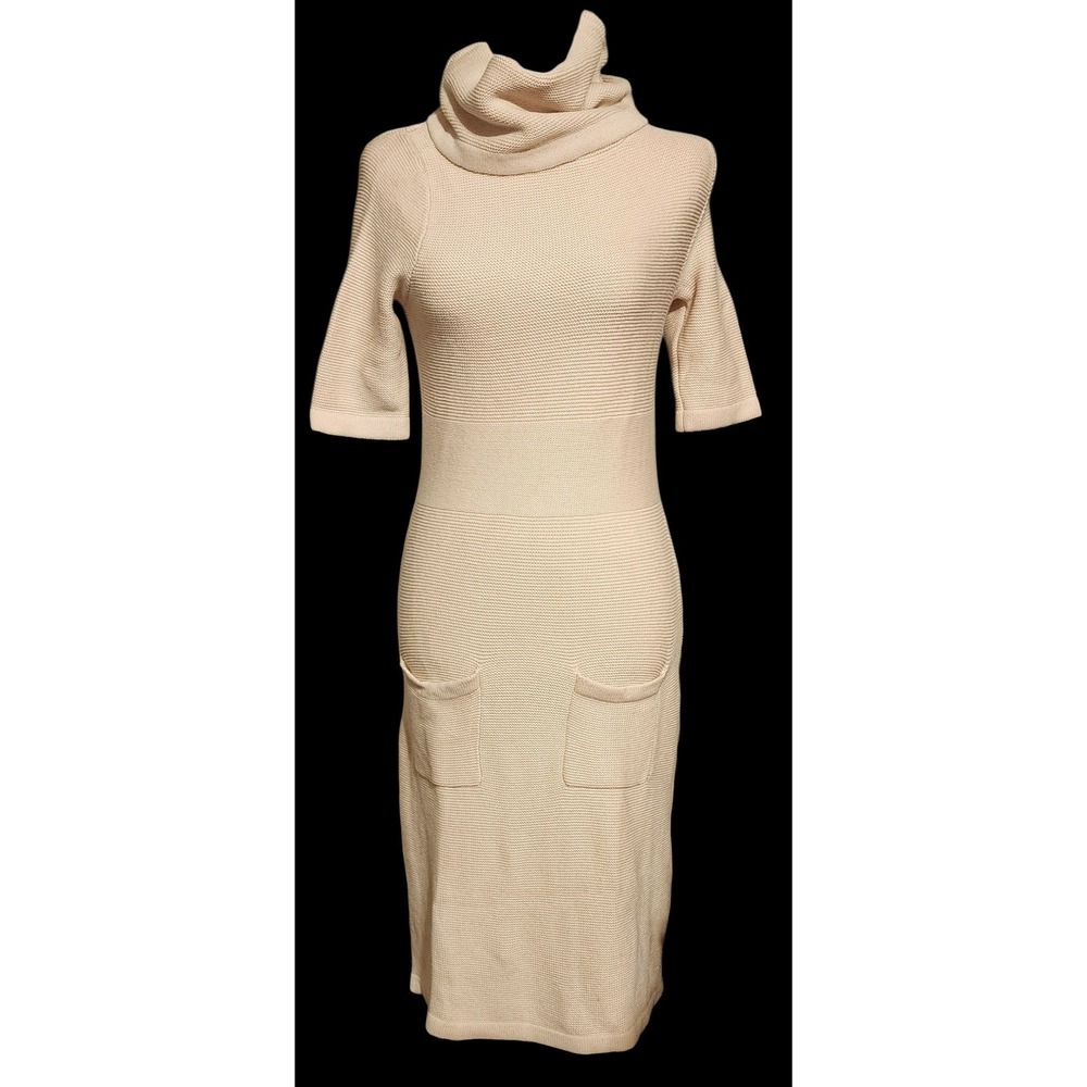 Moda International Knit Dress Size Medium Beige Cowl Neck Ribbed Pockets
